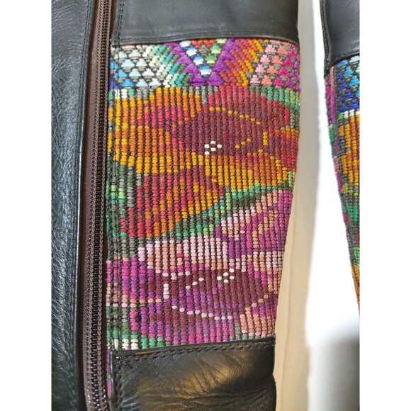 Women's 9.5-10 Calf Length Strap Buckle Tapestry Accent Black Leather Zip Boots - Picture 3 of 8